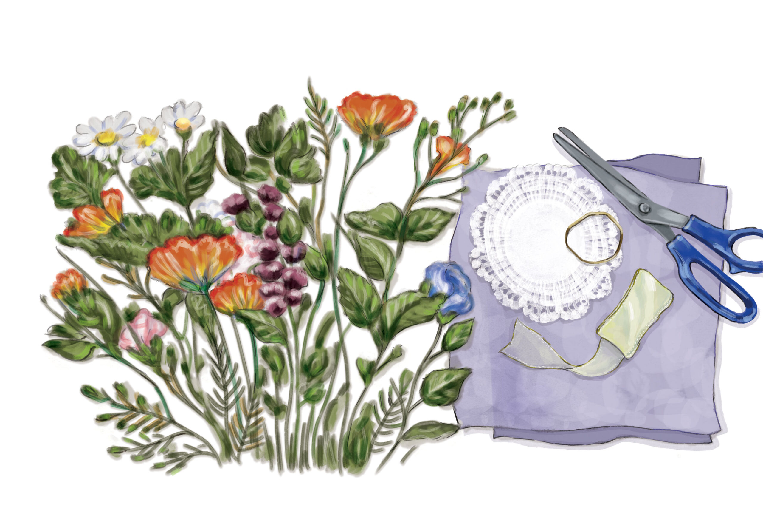Illustration of flowers and craft materials.