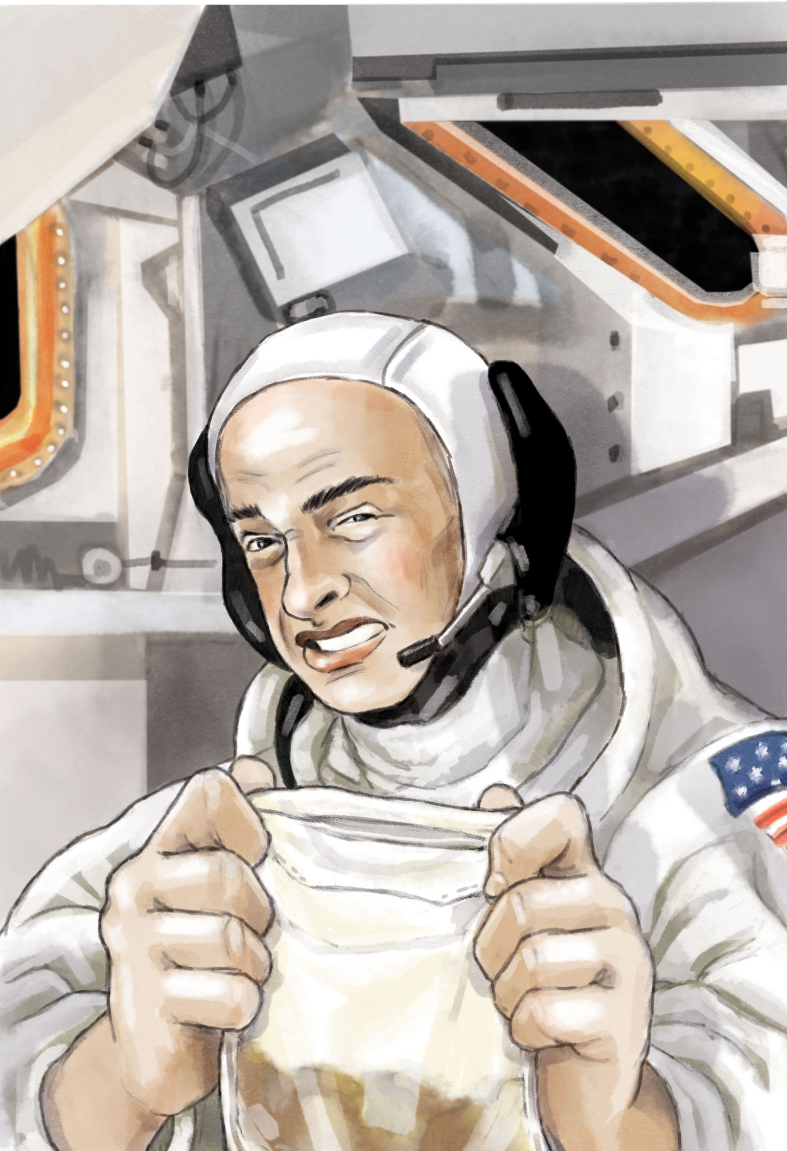 Illustration of astronaut holding a plastic bag.