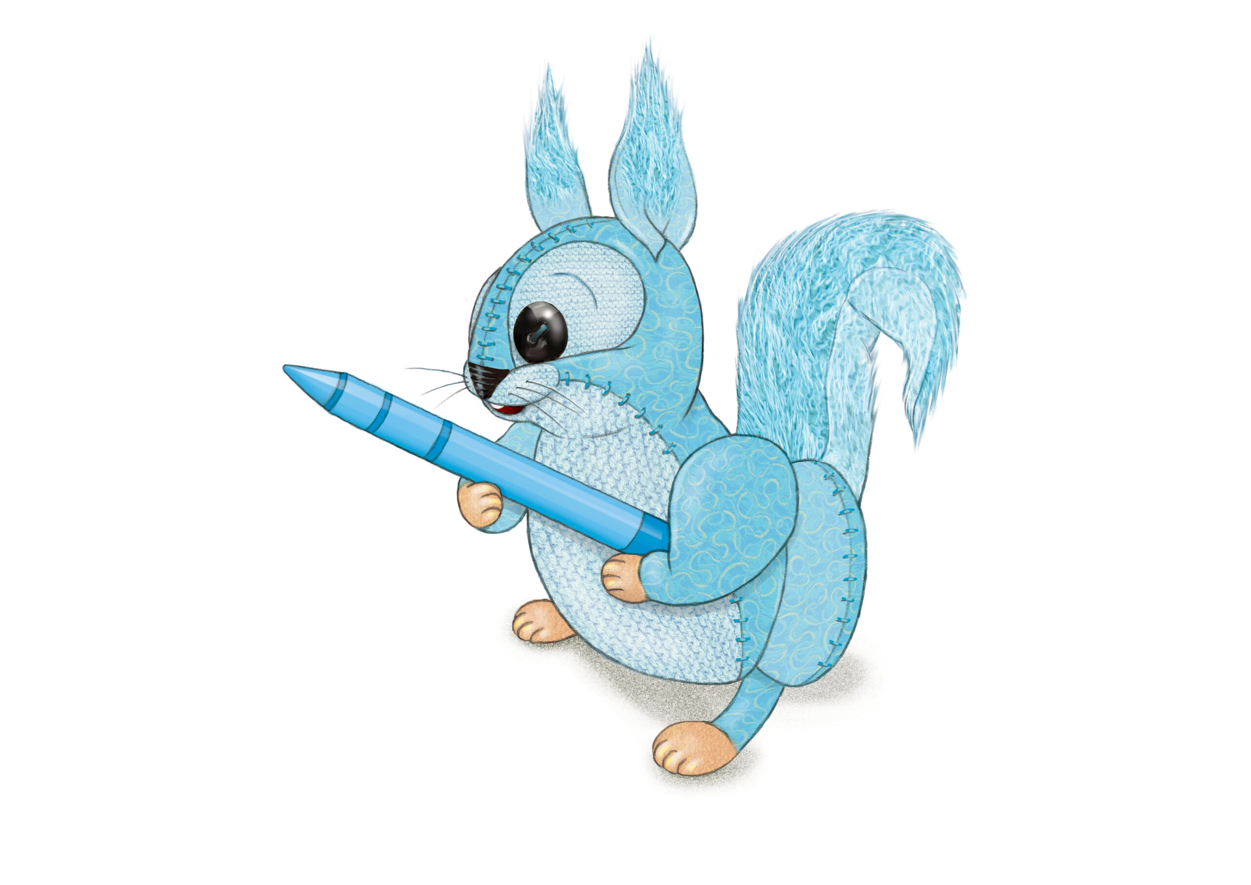 Illustration of a blue stitched soft toy.
