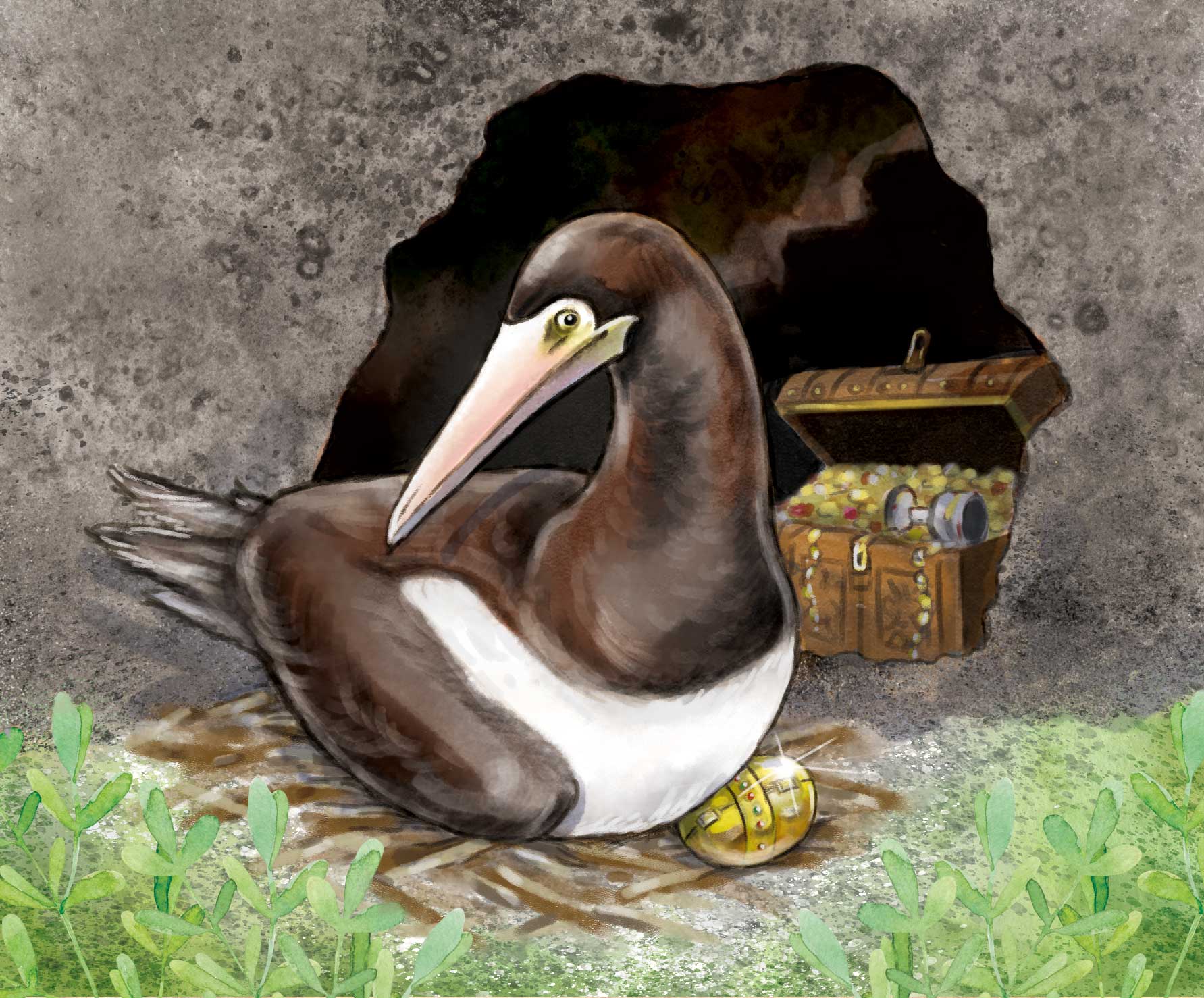 Illustration of a bird hatching a golden egg, with a pirate treasure box in the background.