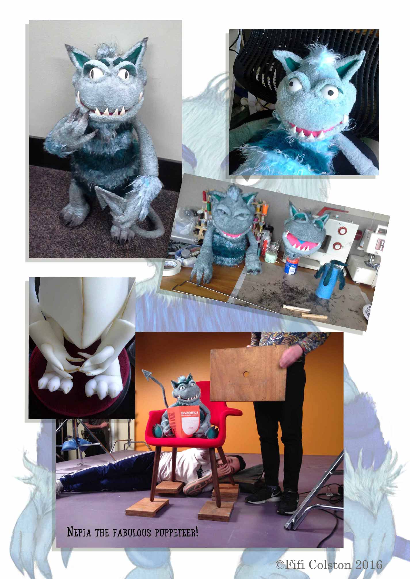 Chance-tear sheet: Collage of images of a monster-looking puppeteer.