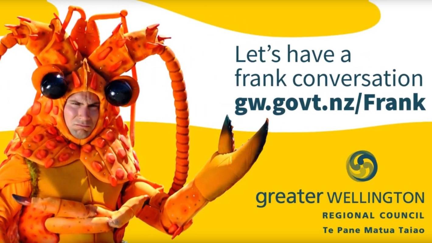 Cray Ad: Image of pamphlet of Greater Wellington ad campaign, featuring Fifi’s creation: a crayfish costume.