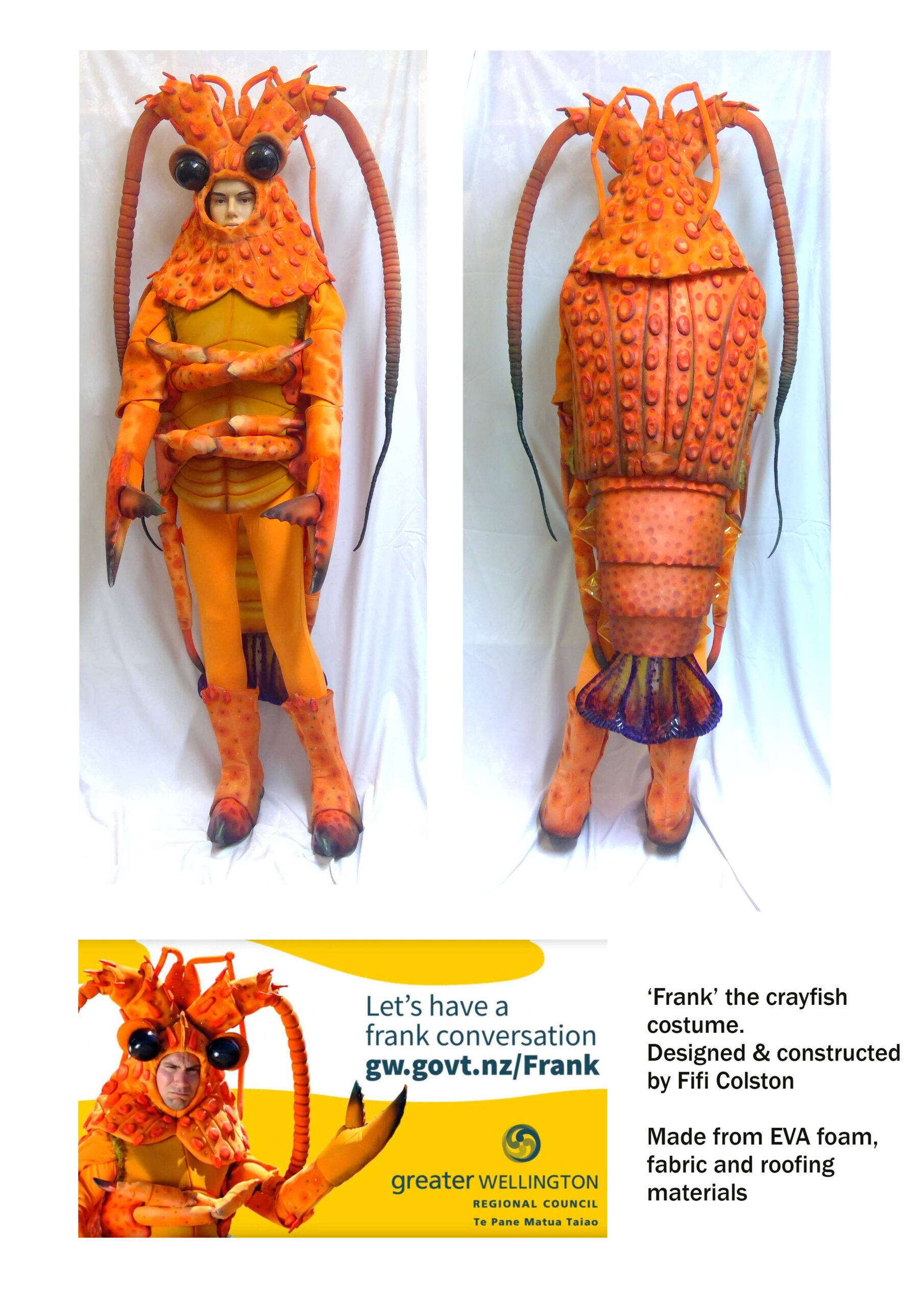 Frank-tear-sheet: Image of front and back of cray costume, with the legend: ‘Frank’, the crayfish costume. Designed and constructed by Fifi Colston. Made from EVA foam, fabric, and roofing materials.
