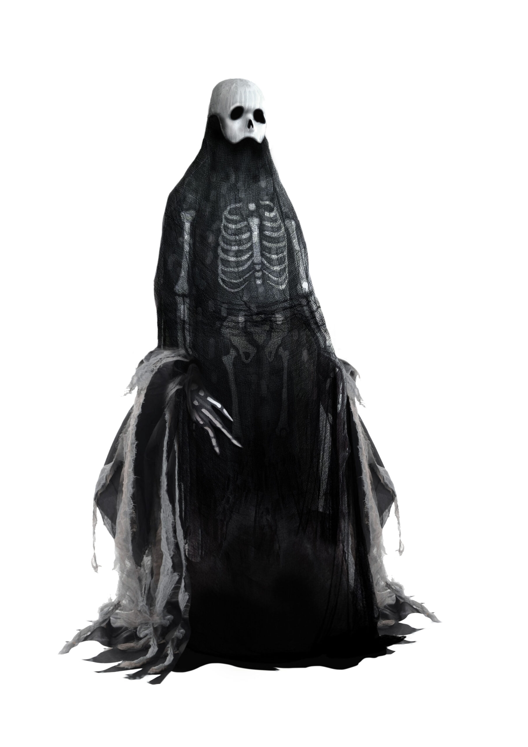 ghost-costume-the-candlewasters: Photograph of ghost costume, predominantly black, showing a skeleton stamped in it.